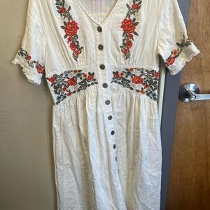 Roolee Ivory Midi Dress with Red Floral Embroidery 100% cotton like new